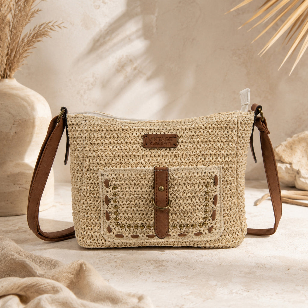 Sac bandoulière femme style raphia beige Ischia avec détails camel et clous dorés