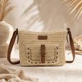 Sac bandoulière femme style raphia beige Ischia avec détails camel et clous dorés