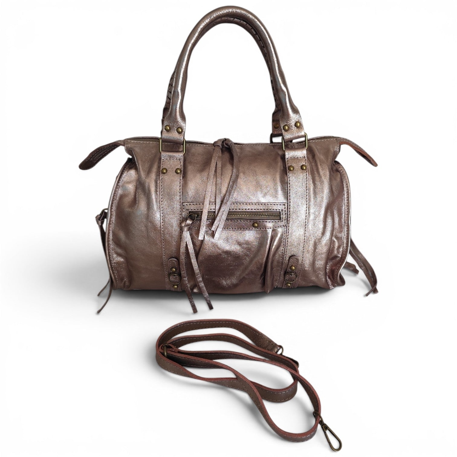 Sac de cours Ravenne champagne métallisé grand format A4 avec bandoulière amovible 44 × 30 × 15 cm.