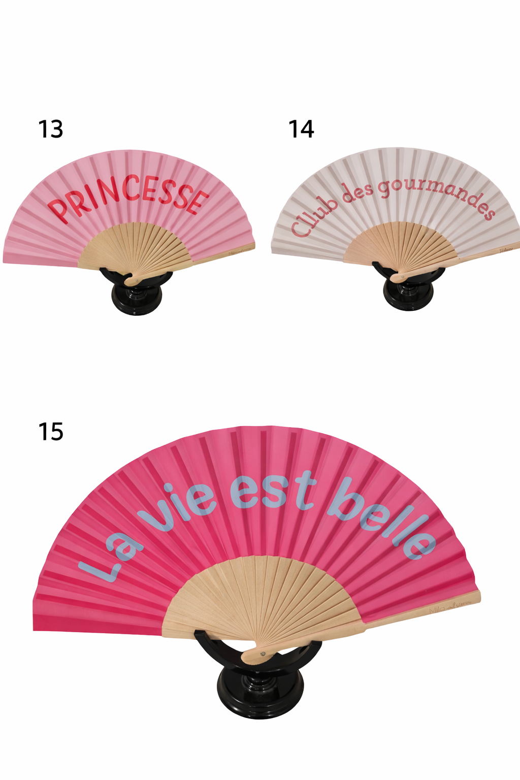 Éventails femme colorés à message en bois et tissu