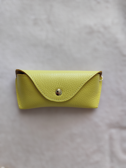 Étui lunettes Cassis effet cuir grainé avec bouton doré corail noir beige bleu vert jaune camel 