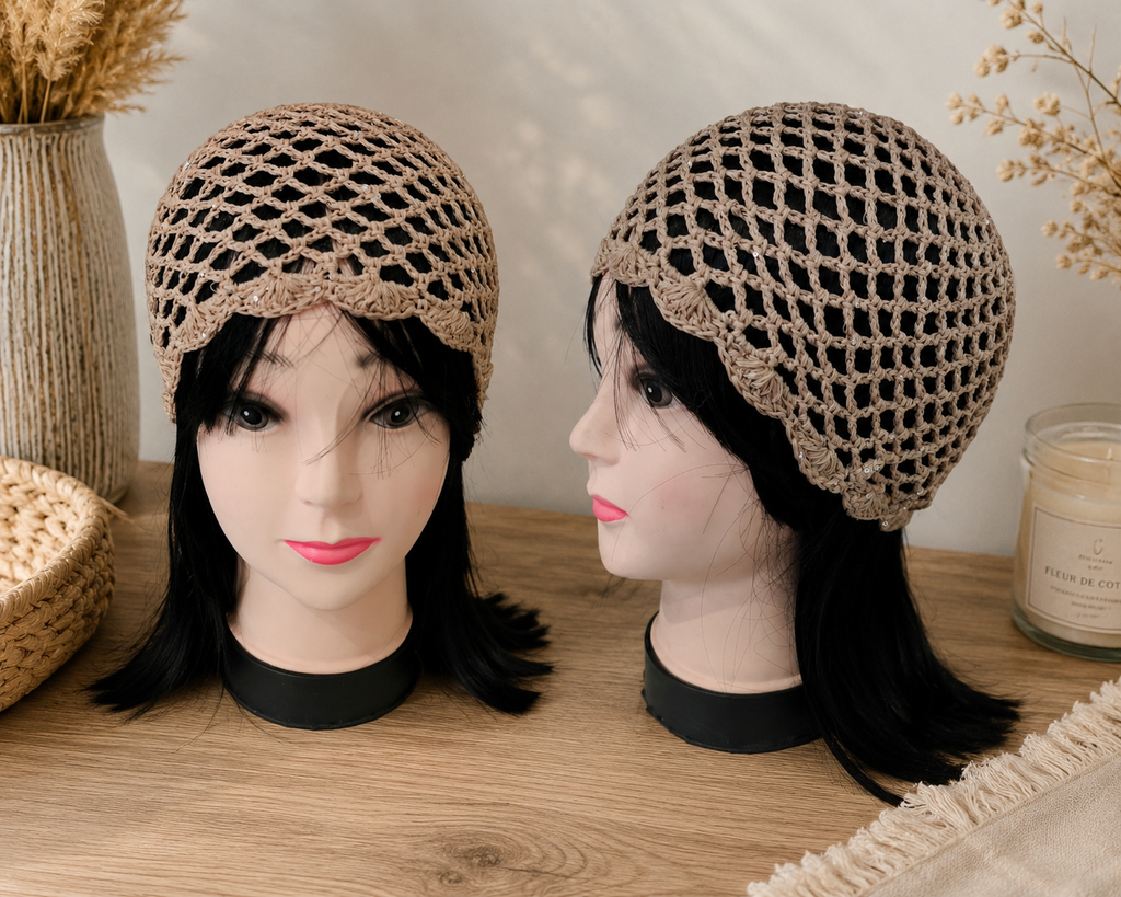 Bonnet en crochet beige ajouré pour femme, style bohème élégant