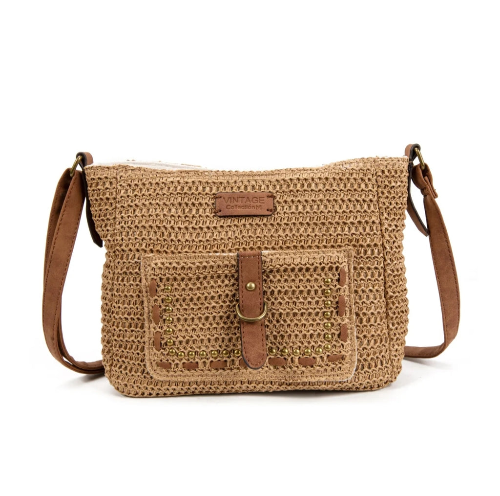 Sac bandoulière femme style raphia beige Ischia avec détails camel et clous dorés