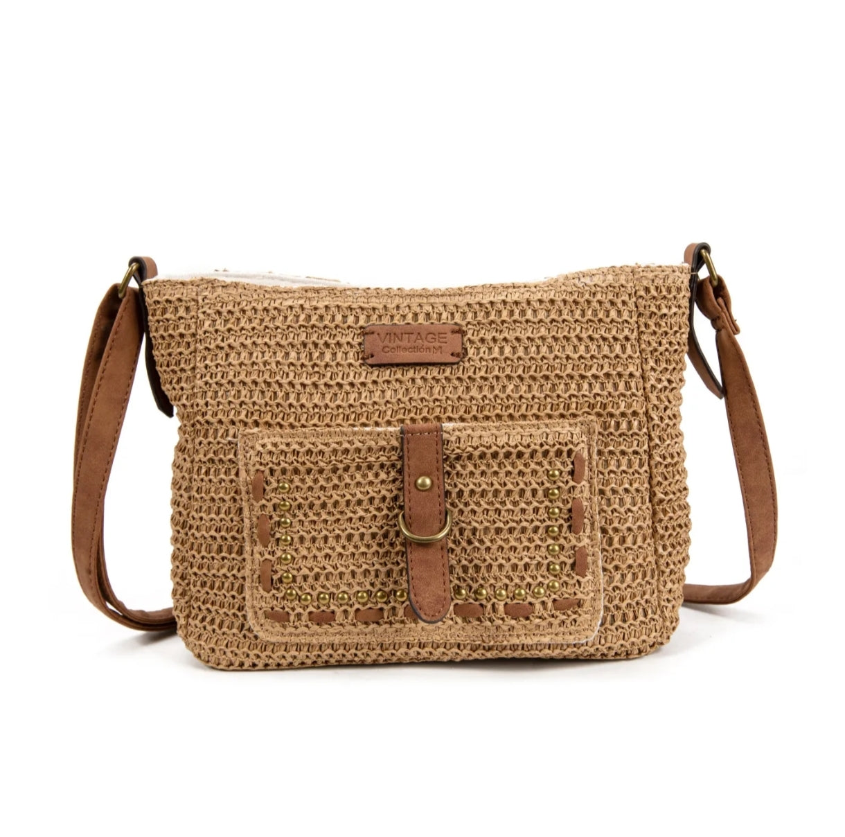 Sac bandoulière femme style raphia beige Ischia avec détails camel et clous dorés