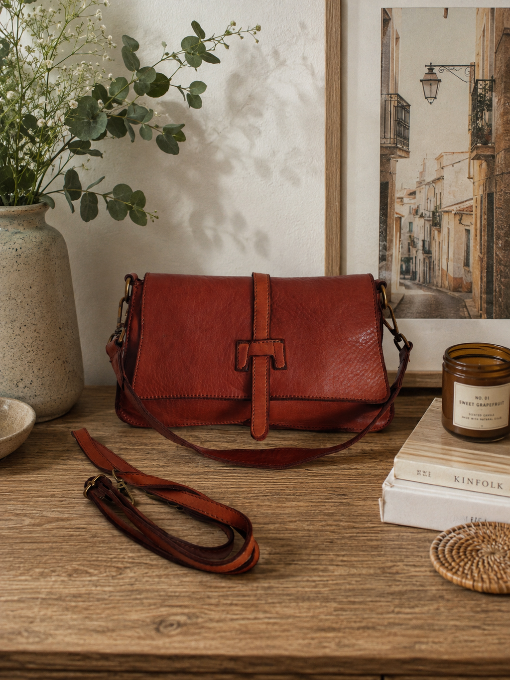 Sac en cuir vintage camel Norea – Sac bandoulière femme en cuir italien