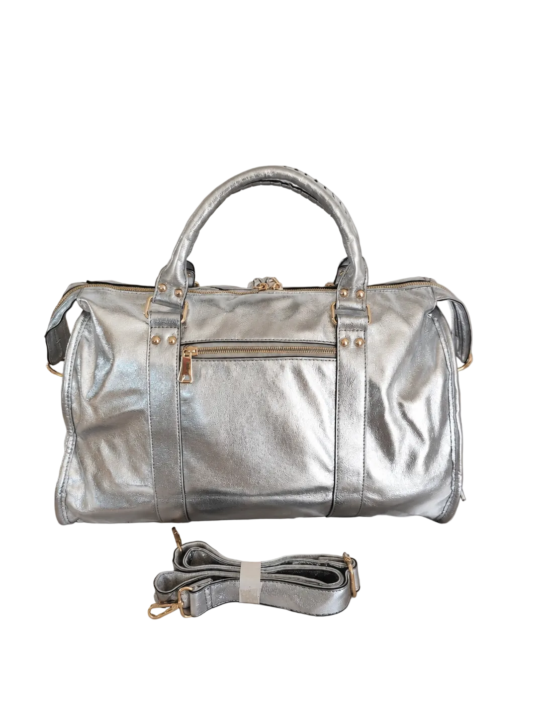 Sac de voyage argenté métallisé avec finitions dorées, poignées renforcées, bandoulière assortie amovible et poche zippée frontale