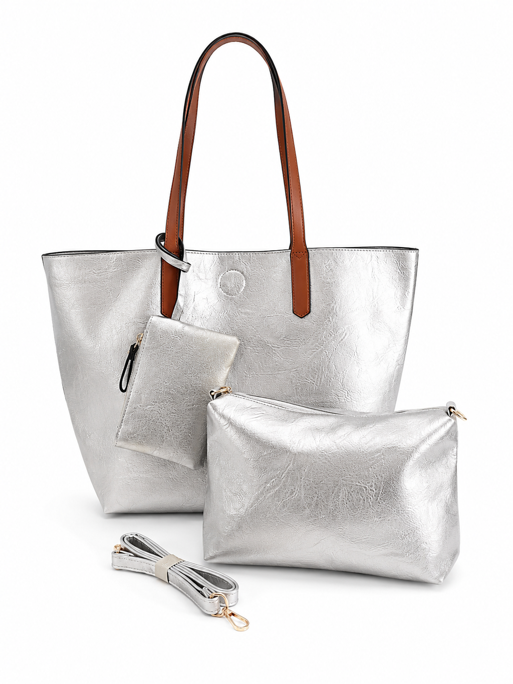 Sac cabas irisé grand format Côme avec anses camel, pochette amovible et bandoulière, idéal pour les cours, le bureau et le quotidien.