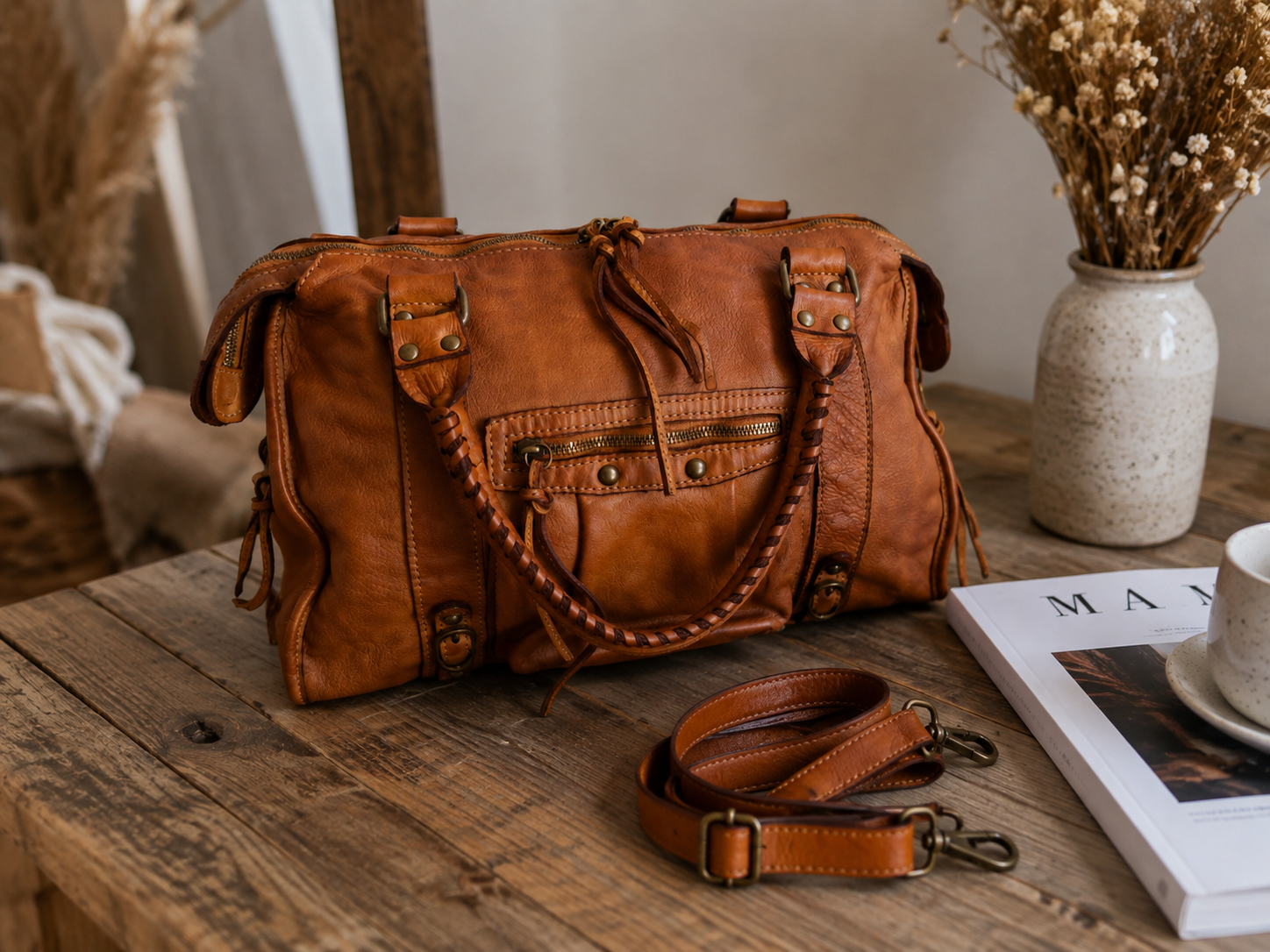 Sac à main femme en cuir véritable vintage camel avec bandoulière amovible et poche zippée avant.