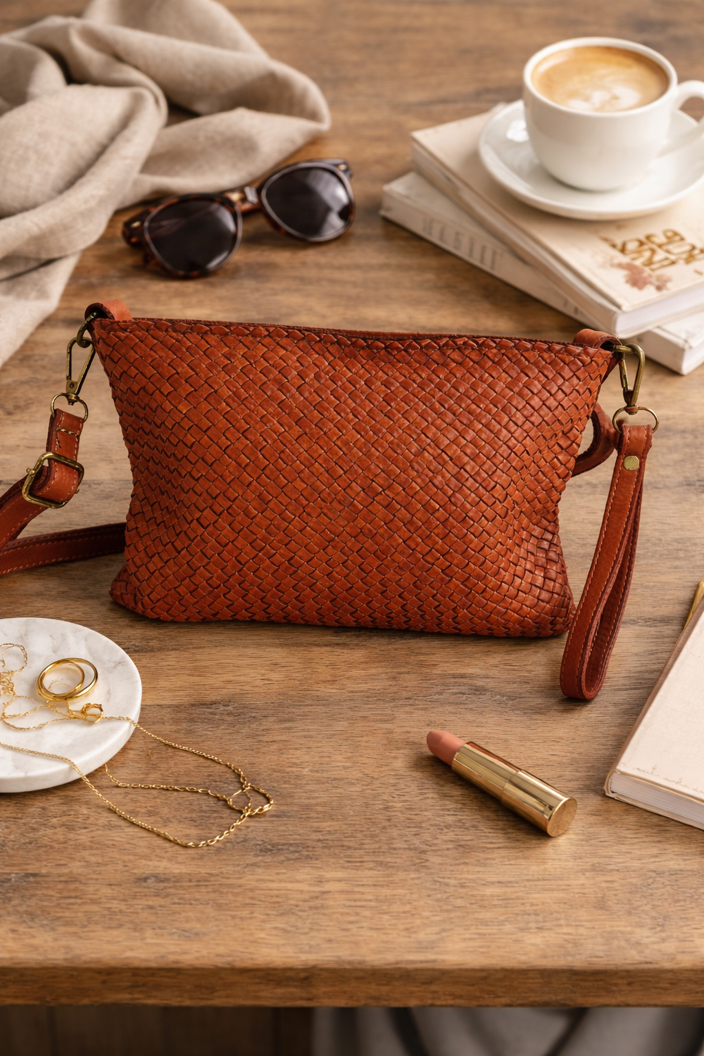 Pochette en cuir tressé vintage camel en cuir de vachette italien avec dragonne et bandoulière 