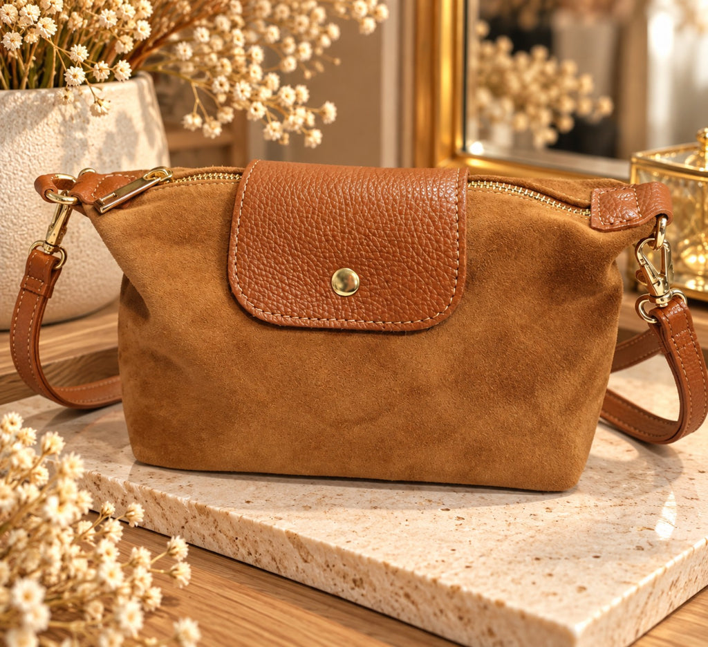 Sac bandoulière METZ femme en cuir daim nubuck camel
