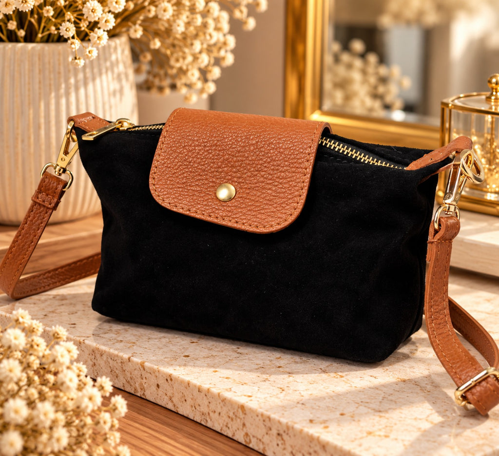 Sac bandoulière METZ noir en cuir daim nubuck
