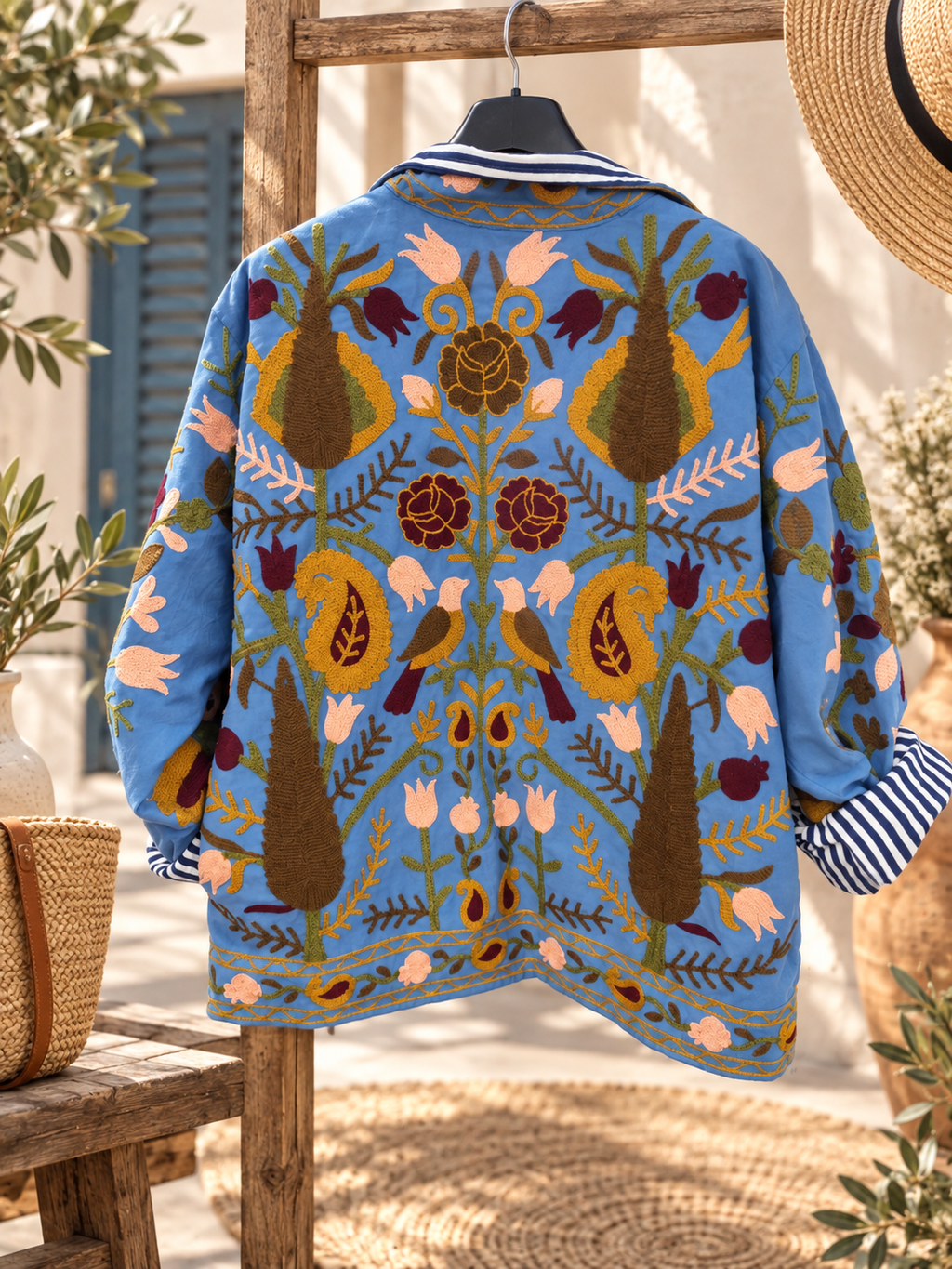 Dos de la veste Cadaqués bleue en coton aspect daim avec broderies florales et motifs végétaux