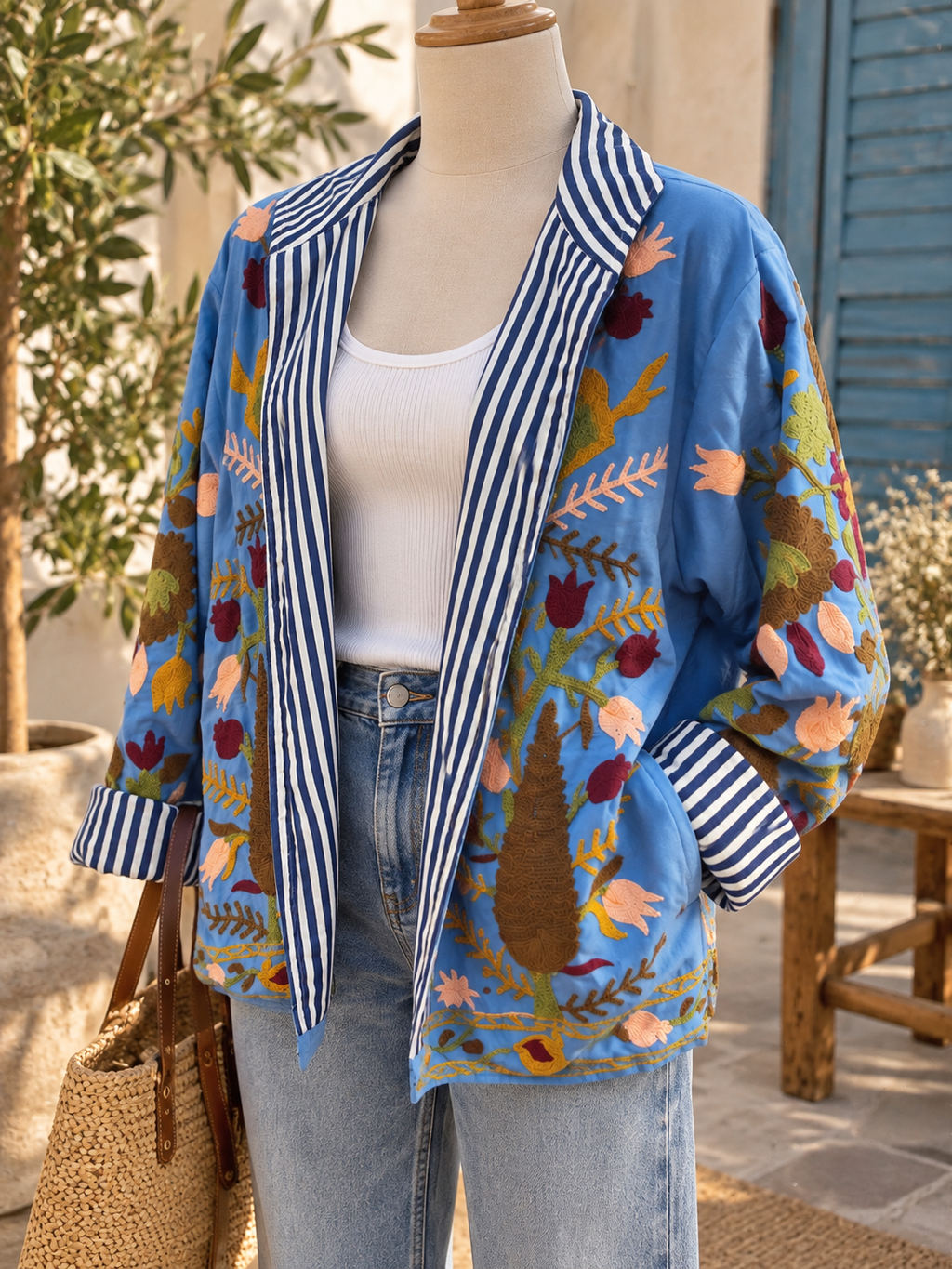 Veste Cadaqués bleue 100 % coton aspect daim avec broderies bohème multicolores