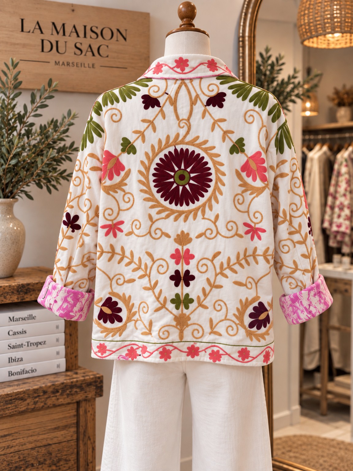 Veste brodée en velours camel vue de dos avec motifs floraux multicolores